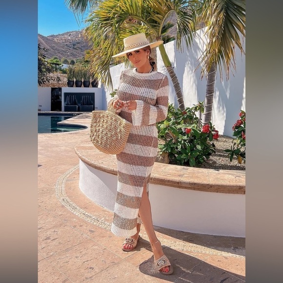 River Island Other - RIVER ISLAND Cream and Tan Striped long sleeve open back Swim Coverup size L